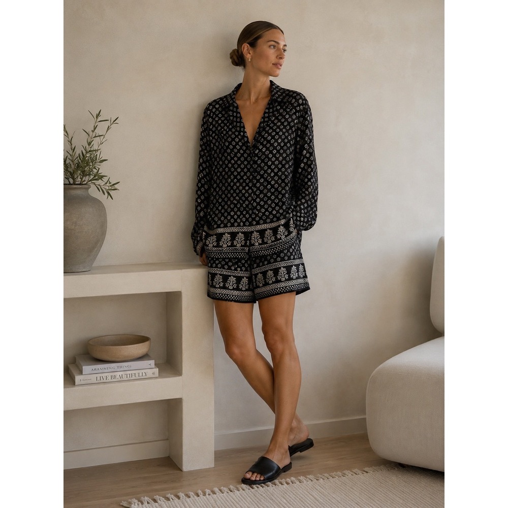 J.Crew Camp-Collar Shirt & Harbor Shorts Set Womens XXL Black Floral Block Print